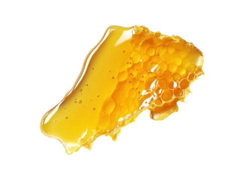 The image showcases a close-up of a honeycomb piece dripping with golden honey against a transparent backdrop.