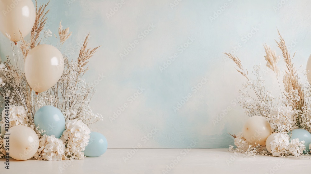 Poster elegant floral arrangement and balloons for product or design display in minimalist composition