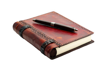An angled close-up shot shows a brown leather journal with a metal clasp and matching pen.