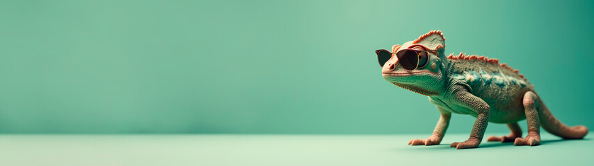 chameleon in sunglasses on a bold solid background, vector art, geometric facets, minimalist and abstract style, with a panoramic touch for depth