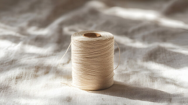 A spool of natural twine is centrally located on a textured fabric surface, bathed in soft light.