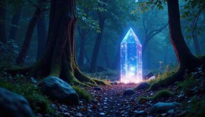 Obraz premium A glowing crystal cleft illuminates the dark forest floor, radiant crystals, forest