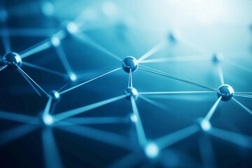 Abstract network of metallic spheres and lines in blue tones