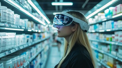 futuristic shopping experience with vr headset in pharmacy