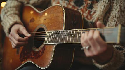 Obraz premium close up view of musician hands playing acoustic guitar, showcasing intricate details of instrument and player technique. warm atmosphere enhances emotional connection to music