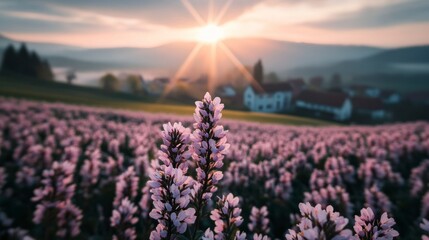 Fototapeta premium Spring Equinox Day brings a beautiful sunrise illuminating a field filled with blooming flowers. Nature awakens as plants thrive, and a peaceful village rests in the background