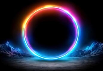 Vibrant multicolored circle glows brightly against a dark, textured landscape. The circular light source dominates the foreground, set against a