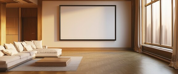 Large open-concept living room with an empty frame on the wall isolated