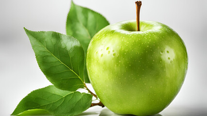 A succulent green apple, adorned with a leaf, isolated on a white backdrop