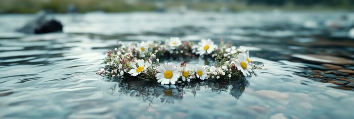 A handmade crown of daisies and wildflowers drifts on the clear water of a river, symbolizing the arrival of spring and nature's awakening during the equinox