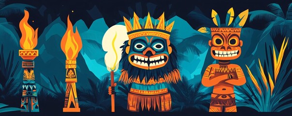 Two tiki characters holding torches and posing in a tropical jungle at night, with palm trees and lush vegetation in the background