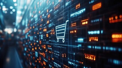 Digital shopping cart amidst a futuristic data landscape