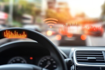 Modern Car Interior with Technology Interface and Traffic Background