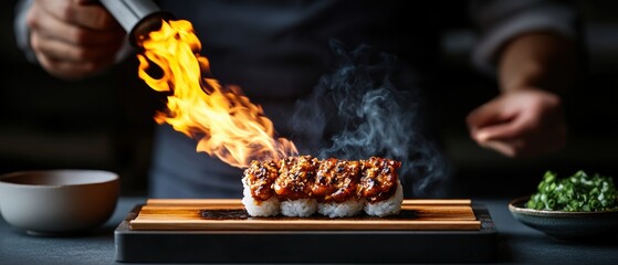 Person cooking sushi on wooden board with chef torching piece of aburi nigiri in kitchen setting