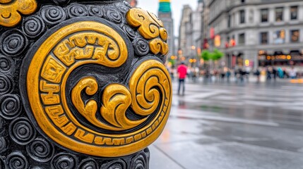 Detailed view of a black ornate pole with a golden design on a wet city street with blurred figures and buildings in the background, capturing the