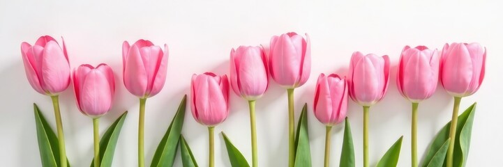 Fototapeta premium Delicate pink tulip blooms in white background, pink, blossom