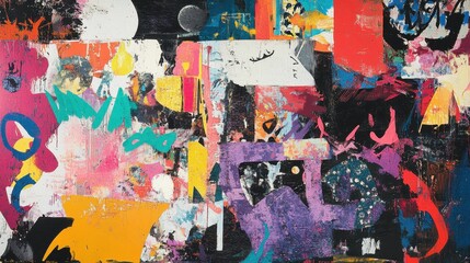 Fototapeta premium Vibrant Layered Graffiti Collage with Rebellious Slogans, Urban Street Art, Mixed Media, Textured Surface, Creative Perspective