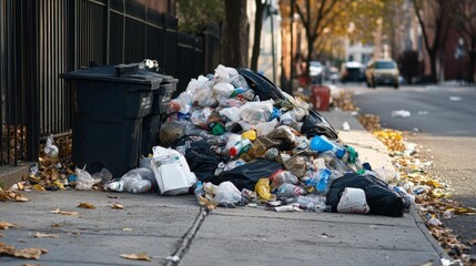 A striking image of garbage cluttering a city sidewalk, showcasing urban decay and neglect