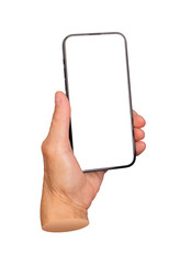 Elderly female hand holding a smartphone with a blank screen, fingers wrapped around the device. Mockup for app display, technology, or online communication. Isolated on white background.