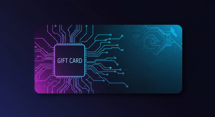 Futuristic gift card design with circuit board pattern on dark background