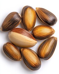 Overhead close up shot of eight oblong seeds arranged in a circle on a white background. The seeds vary in shade from light brown to dark brown and