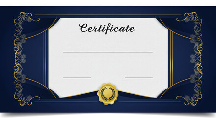 Elegant blue certificate with ornate gold details and blank spaces for personalization