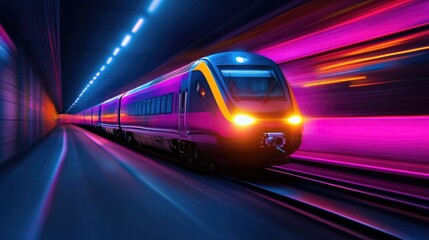 Naklejka premium Futuristic High-Speed Train in Motion with Vibrant Neon Lights in Underground Tunnel