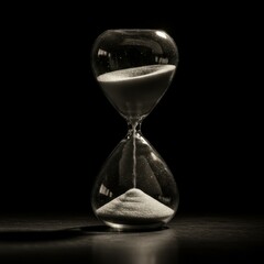 hourglass, sand, time, reflection, black background, minimalist, dramatic lighting, glass, transparent, symbolic, still life, contrast, monochrome, detail, dark mood, artistic, contemplative, time pas