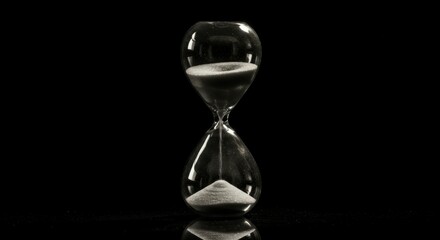 hourglass, sand, time, reflection, black background, minimalist, dramatic lighting, glass, transparent, symbolic, still life, contrast, monochrome, detail, dark mood, artistic, contemplative, time pas
