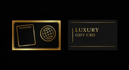 Elegant black and gold luxury gift card with passport and globe design