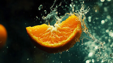 An orange being sliced in half and thrown into the air, with water splashing around it. The background is dark green, creating a contrast against the bright orange color of the fruit