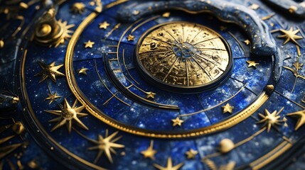 Intricate astrological clock face made of gold and lapis lazuli, showing the time and position of celestial objects