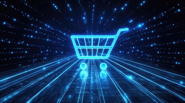 Futuristic digital shopping cart in a glowing data landscape