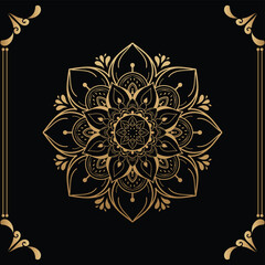 Luxury mandala design black background in gold color