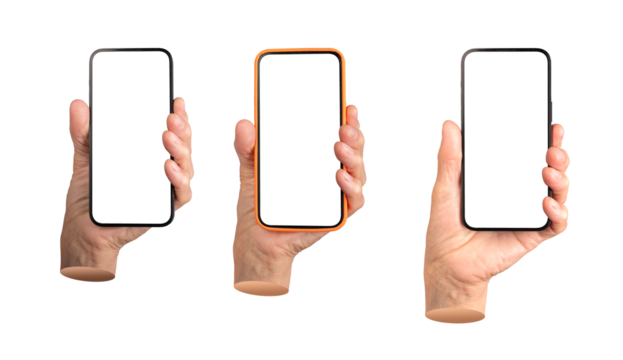 Collection of elderly female hands holding smartphones with blank screens. Wrinkled fingers gripping mobile devices, showcasing technology use, app display, and advertising. Isolated on white