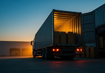 Parked semi truck trailer, industrial warehouse loading dock, golden sunset, dramatic sky, lens flare, silhouette, cinematic lighting, wide-angle shot, logistics concept, transportation industry, dusk
