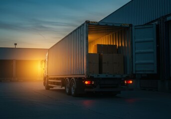 Parked semi truck trailer, industrial warehouse loading dock, golden sunset, dramatic sky, lens flare, silhouette, cinematic lighting, wide-angle shot, logistics concept, transportation industry, dusk