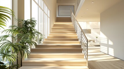 Obraz premium Beige wooden stairs with modern railing and open airy space