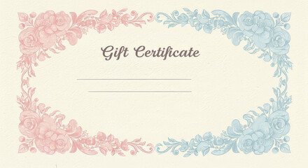 Elegant floral gift certificate design with pink and blue borders for special occasions