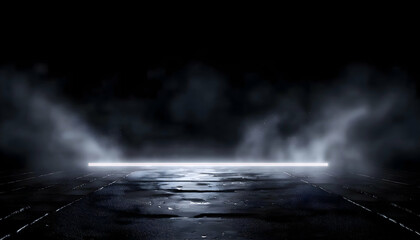 3D rendering old wet asphalt neon lights street with smoke on black background