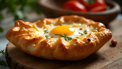 Ajara khachapuri, boat shaped bread with melted cheese and egg