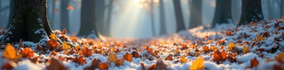 Frosty morning with scattered white fallen leaves on a forest floor, peaceful, snow, nature