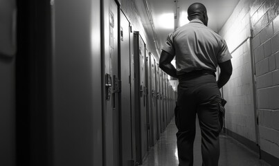 Prison guard standing in a long dark hallway.