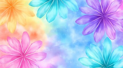 Obraz premium Pastel rainbow watercolor background with stylized flowers. Soft colors and dreamy atmosphere. Perfect for spring or summer designs