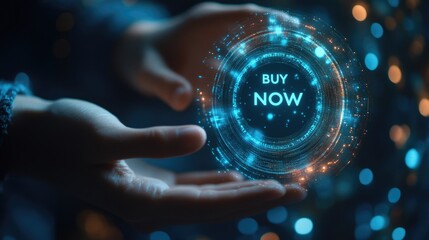 Hands holding a glowing "Buy Now" button in a digital space