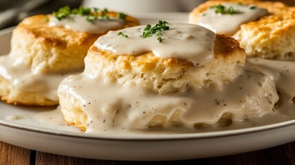 Deliciously baked biscuits drizzled with creamy gravy, a comforting and appetizing delight