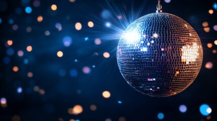 Obraz premium Sparkling disco ball on dance floor with colorful bokeh lights