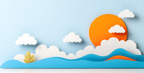 Landscape with mountains and sea waves in paper cut style