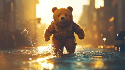 Bear traversing a serene landscape, flowing river winding through lush greenery, tranquil ambiance, wildlife in harmony with nature, peaceful wilderness scene