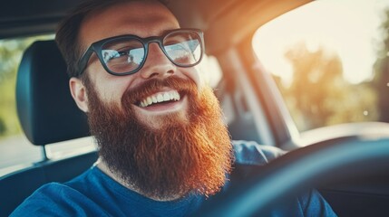 Naklejka premium Happy bearded young male wearing glasses smiling in a car interior